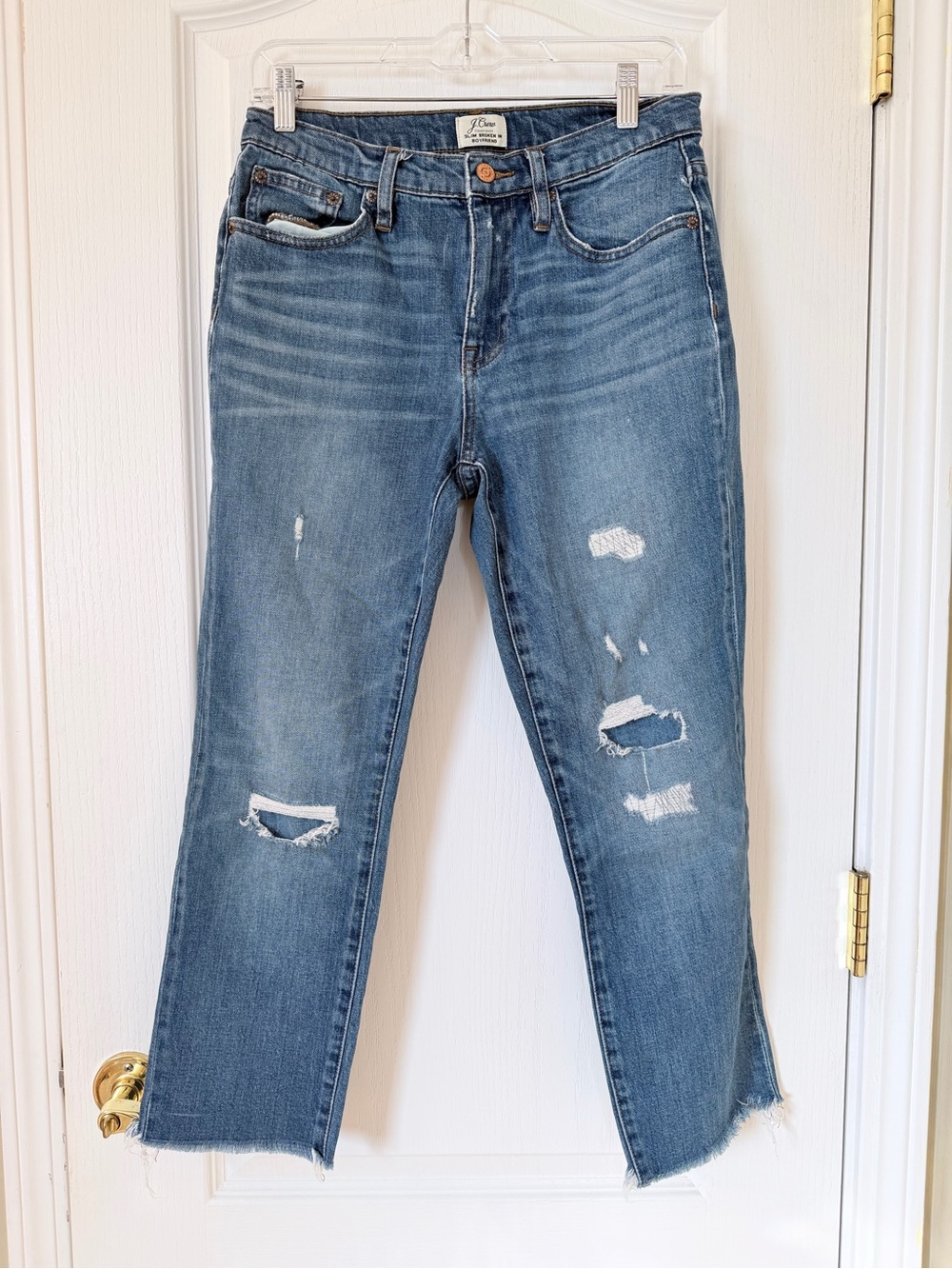 J.Crew Slim Broken-In Boyfriend Jeans 26 Distressed Cropped Raw Hem Blue